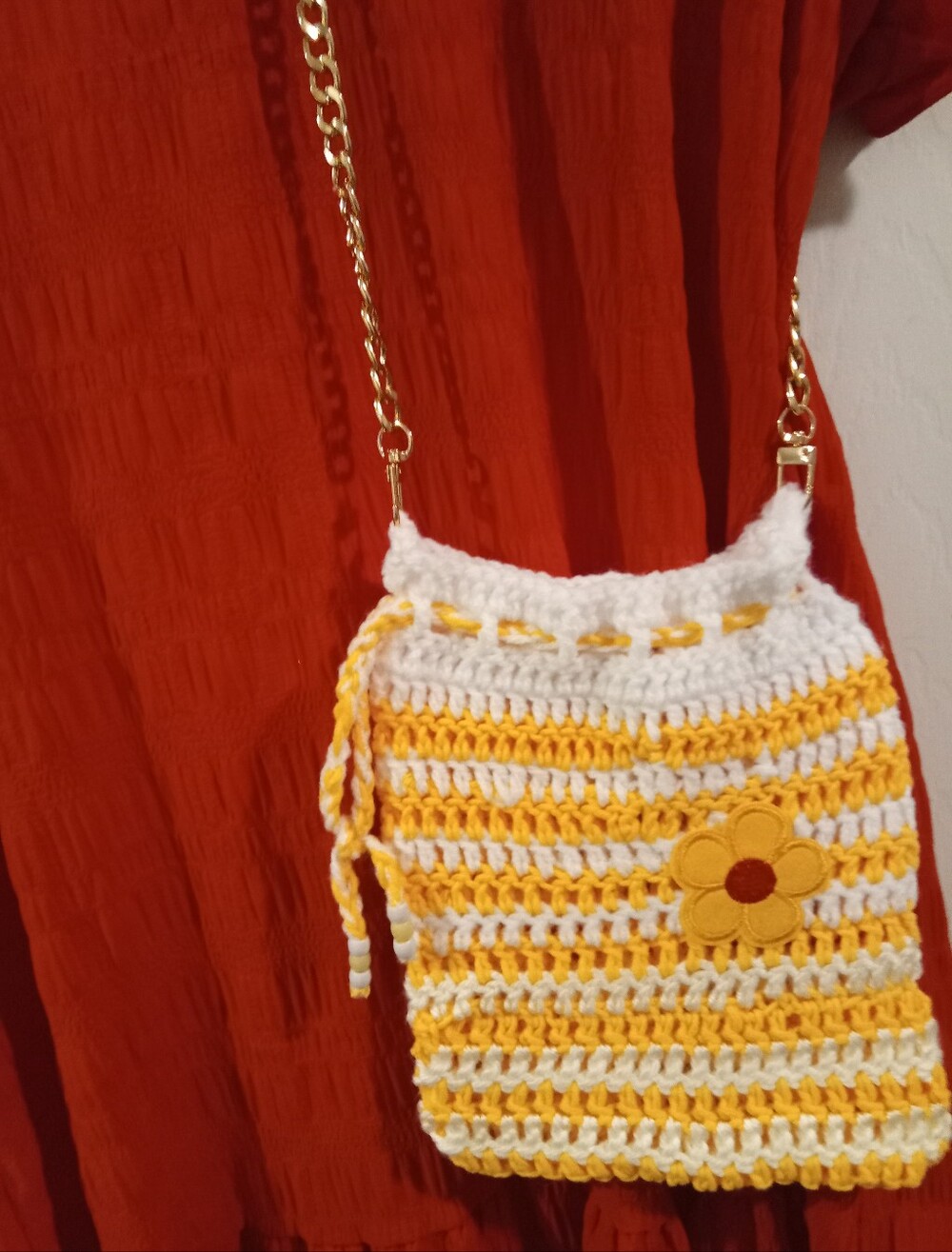 Crocheted Yellow & White Flower Cross Body Shoulder Bag